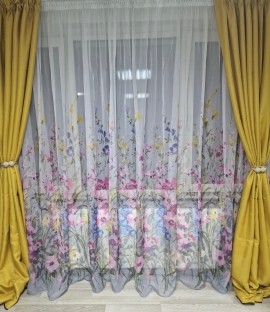 Set draperie din in + perdea pictata model floral